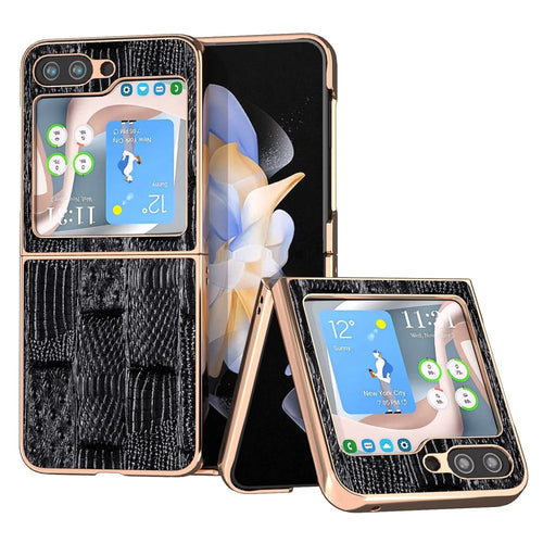 For Samsung Galaxy Z Flip5 5G Mahjong Texture Electroplating Phone Cover Genuine Cow Leather Coated PC Back Case - Black - 1