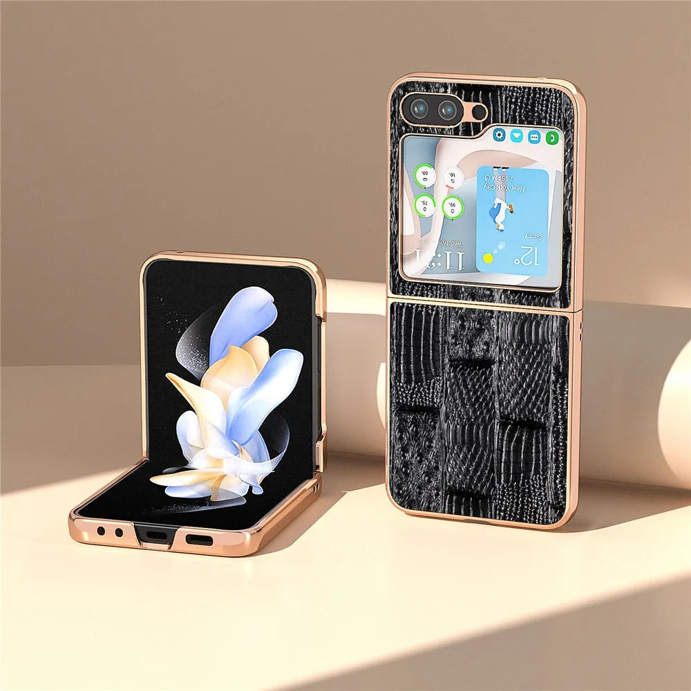 For Samsung Galaxy Z Flip5 5G Mahjong Texture Electroplating Phone Cover Genuine Cow Leather Coated PC Back Case - Black - 2