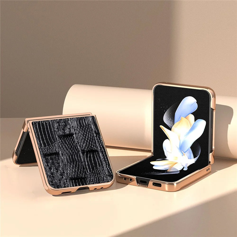 For Samsung Galaxy Z Flip5 5G Mahjong Texture Electroplating Phone Cover Genuine Cow Leather Coated PC Back Case - Black - 3