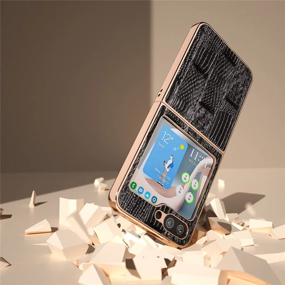 For Samsung Galaxy Z Flip5 5G Mahjong Texture Electroplating Phone Cover Genuine Cow Leather Coated PC Back Case - Black - 4