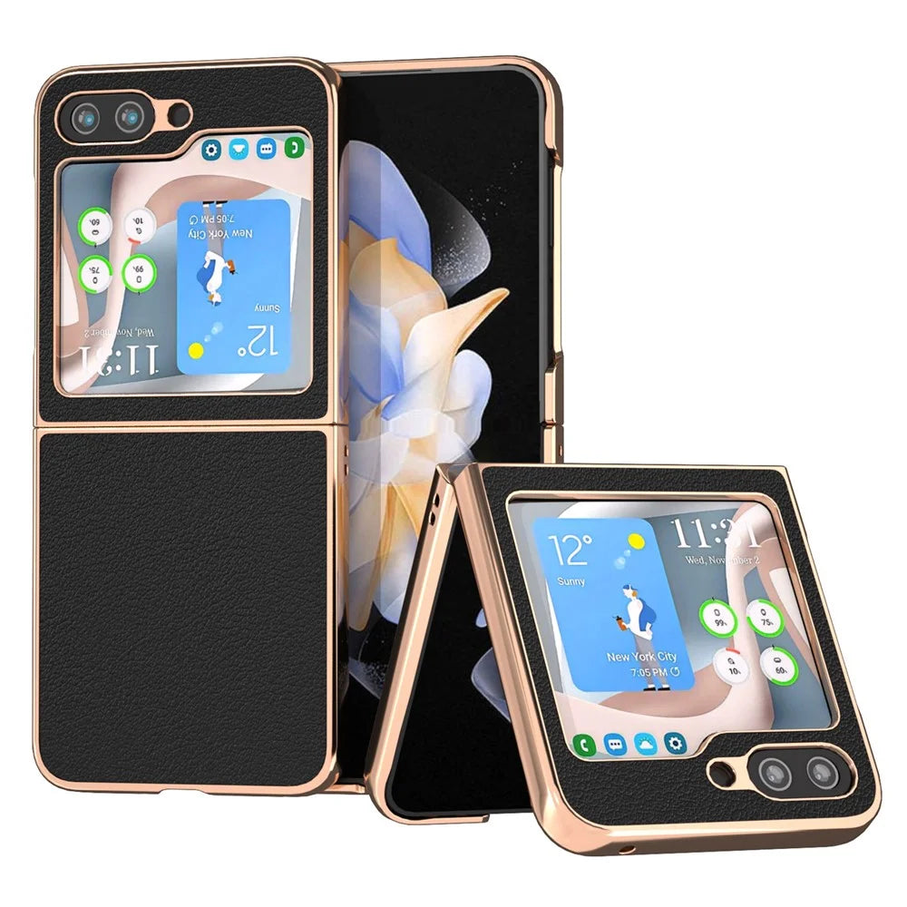Electroplating Phone Case for Samsung Galaxy Z Flip5 5G , Genuine Cow Leather Coated PC Cover - Black - 1