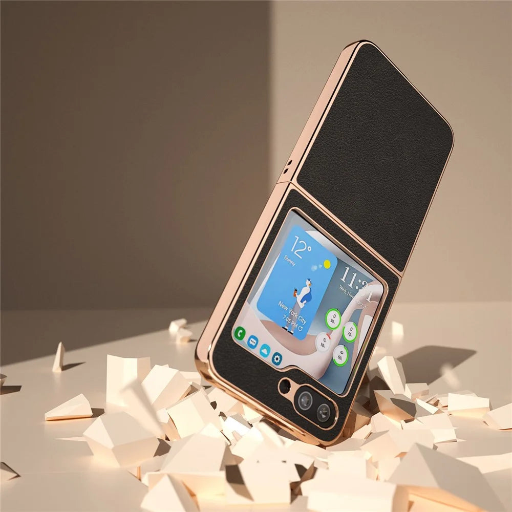 Electroplating Phone Case for Samsung Galaxy Z Flip5 5G , Genuine Cow Leather Coated PC Cover - Black - 4