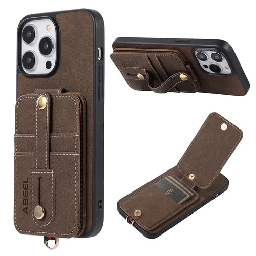 ABEEL Style 02 For iPhone 15 Pro Anti-scratch Leather Coated TPU+PC Kickstand Case Card Slots Litchi Texture Phone Cover - Khaki - 1