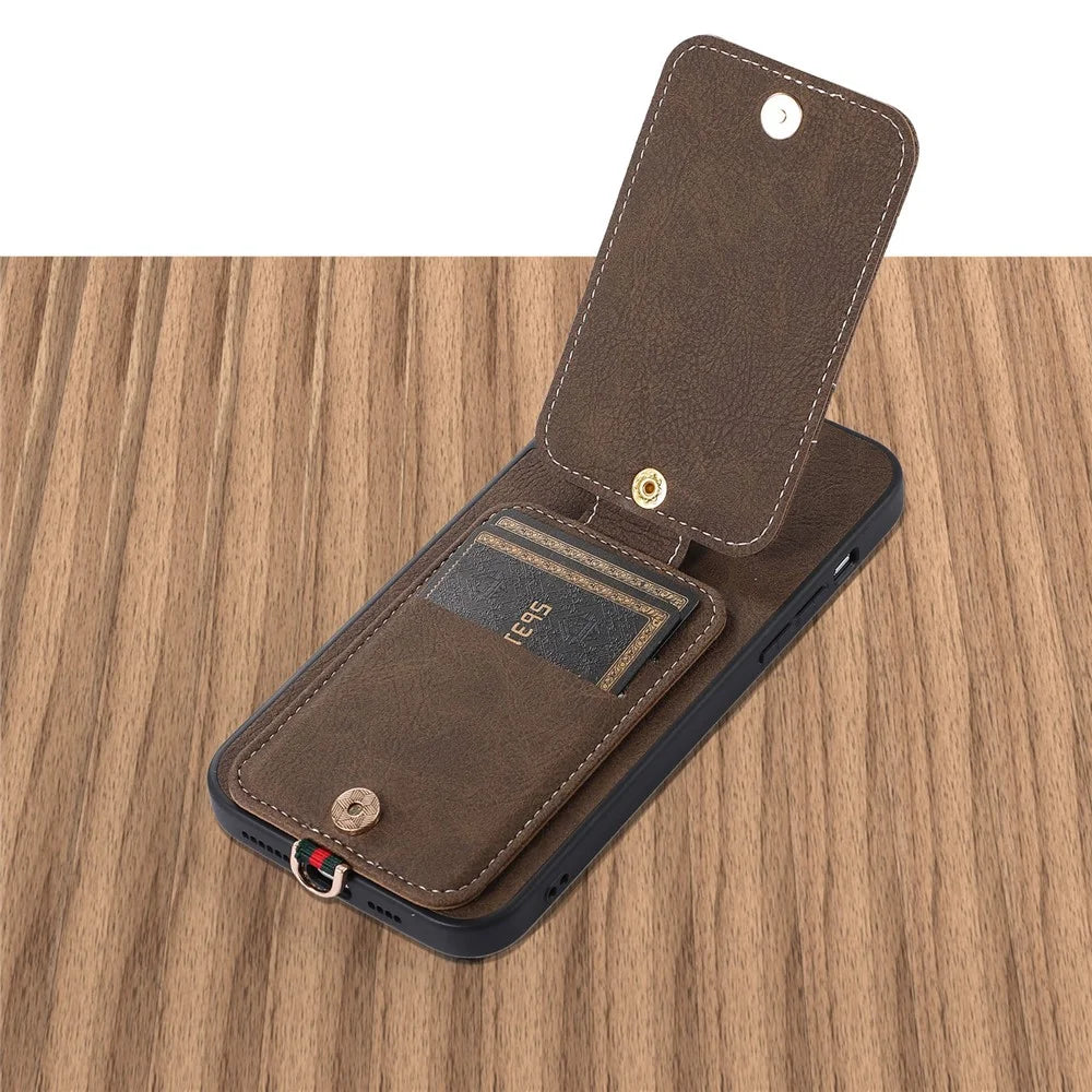 ABEEL Style 02 For iPhone 15 Pro Anti-scratch Leather Coated TPU+PC Kickstand Case Card Slots Litchi Texture Phone Cover - Khaki - 4