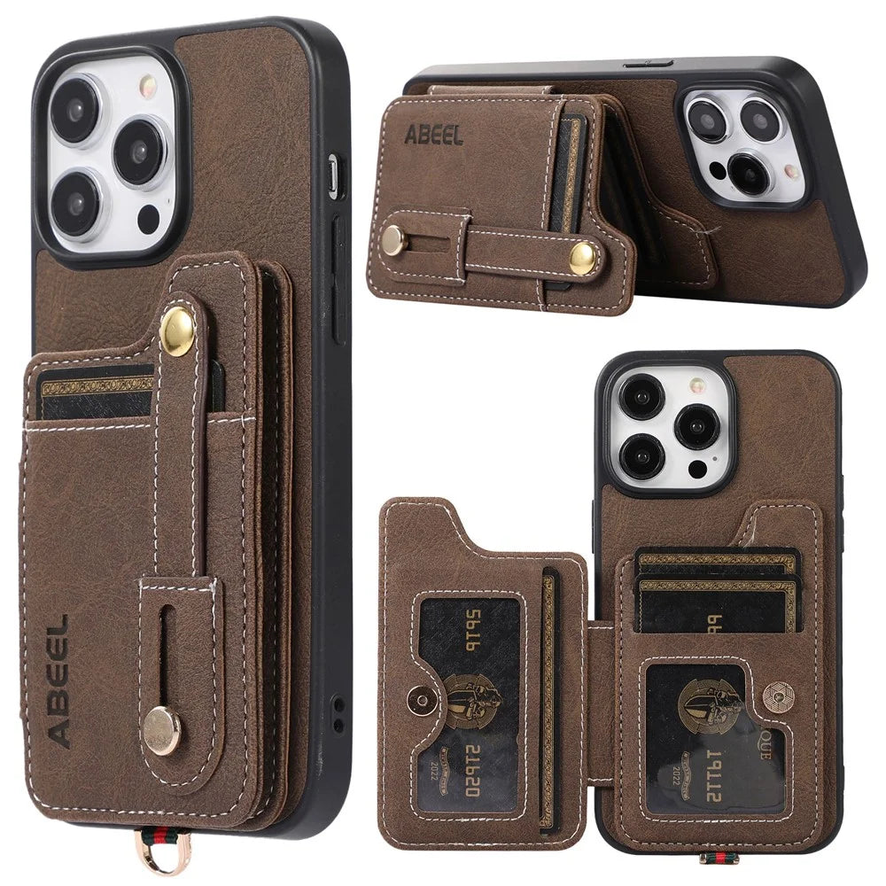 ABEEL Style 01 For iPhone 15 Pro Kickstand Card Holder Case Litchi Texture PU Leather Coated TPU+PC Phone Cover - Khaki - 1