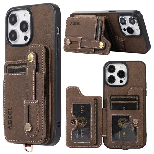 ABEEL Style 01 For iPhone 15 Pro Kickstand Card Holder Case Litchi Texture PU Leather Coated TPU+PC Phone Cover - Khaki - 1