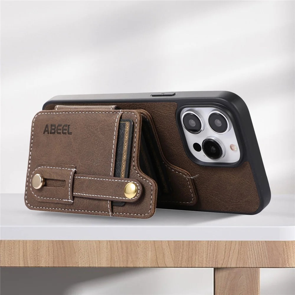 ABEEL Style 01 For iPhone 15 Pro Kickstand Card Holder Case Litchi Texture PU Leather Coated TPU+PC Phone Cover - Khaki - 2