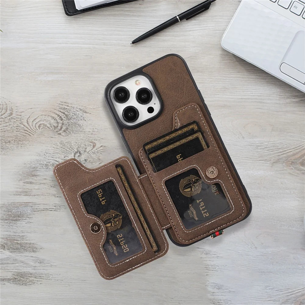 ABEEL Style 01 For iPhone 15 Pro Kickstand Card Holder Case Litchi Texture PU Leather Coated TPU+PC Phone Cover - Khaki - 3