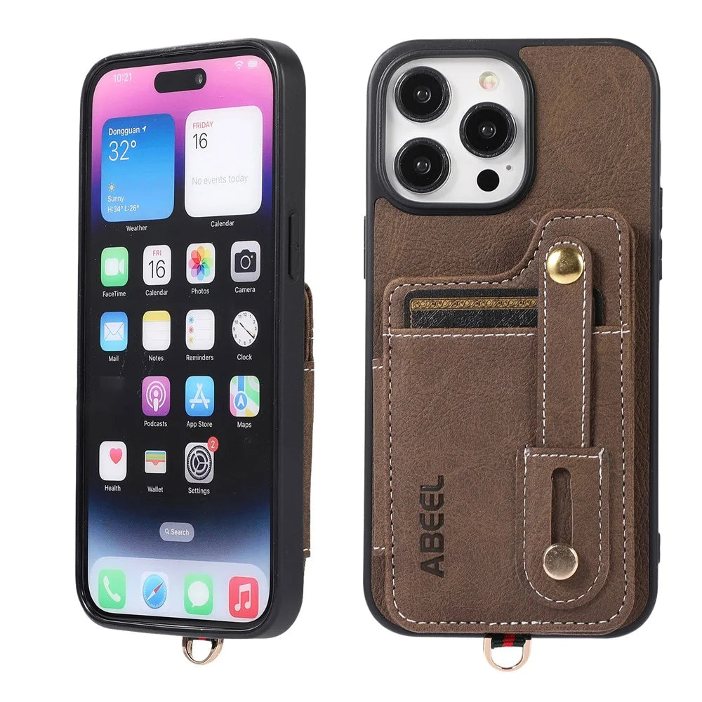 ABEEL Style 01 For iPhone 15 Pro Kickstand Card Holder Case Litchi Texture PU Leather Coated TPU+PC Phone Cover - Khaki - 4