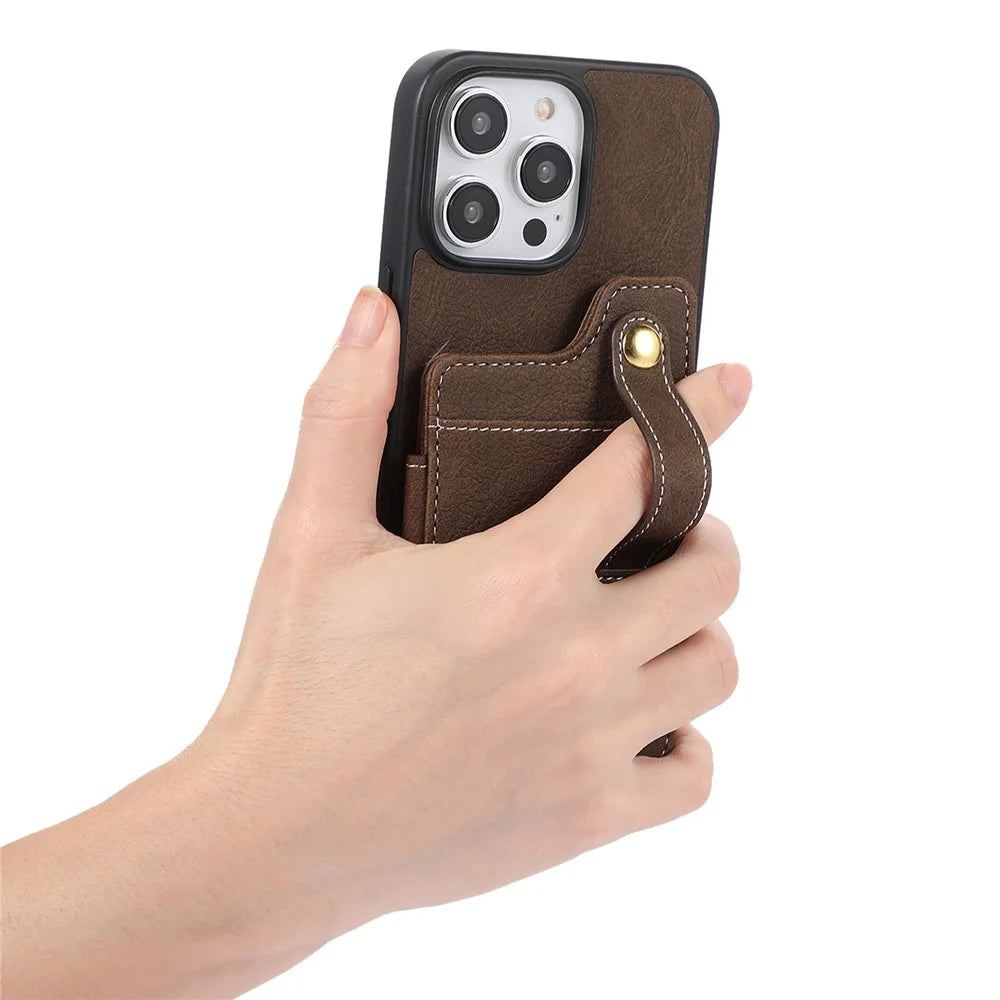 ABEEL Style 01 For iPhone 15 Pro Kickstand Card Holder Case Litchi Texture PU Leather Coated TPU+PC Phone Cover - Khaki - 5