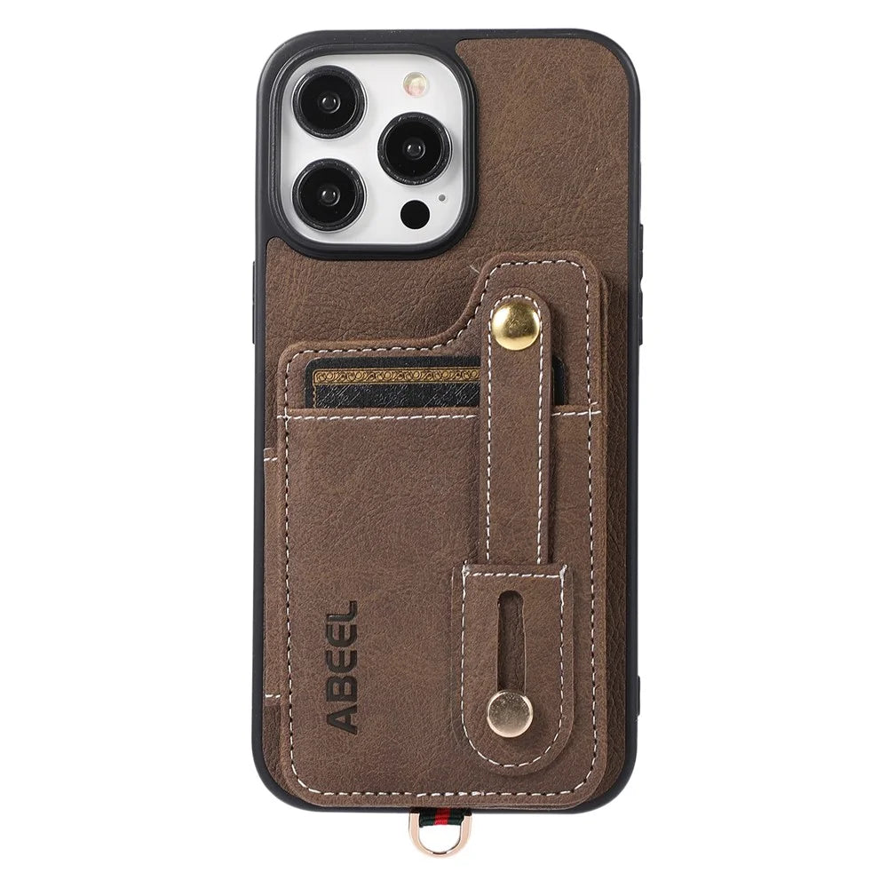 ABEEL Style 01 For iPhone 15 Pro Kickstand Card Holder Case Litchi Texture PU Leather Coated TPU+PC Phone Cover - Khaki - 6