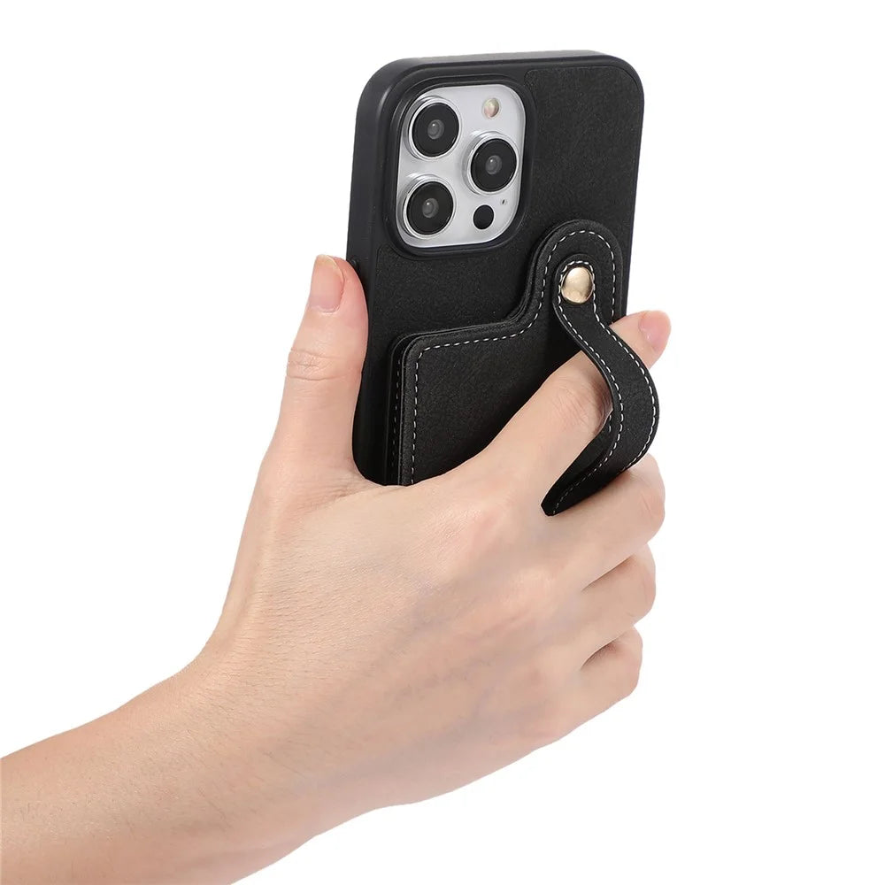 ABEEL Style 03 For iPhone 15 Pro PU Leather+TPU+PC Card Holder Kickstand Cover Litchi Texture Phone Case - Black - 5