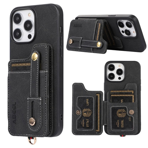 ABEEL Style 01 For iPhone 15 Pro Max PU Leather Coated TPU+PC Cover Kickstand Card Holder Phone Case - Black - 1