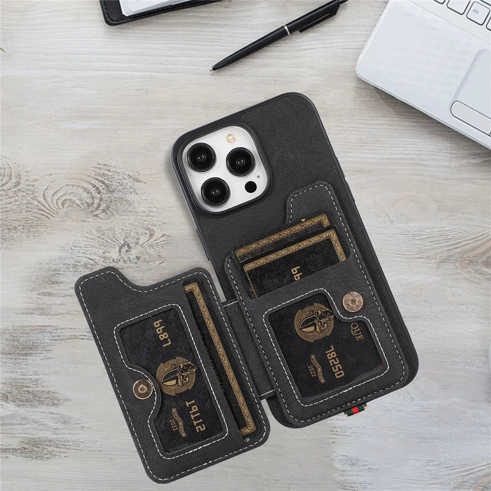 ABEEL Style 01 For iPhone 15 Pro Max PU Leather Coated TPU+PC Cover Kickstand Card Holder Phone Case - Black - 3