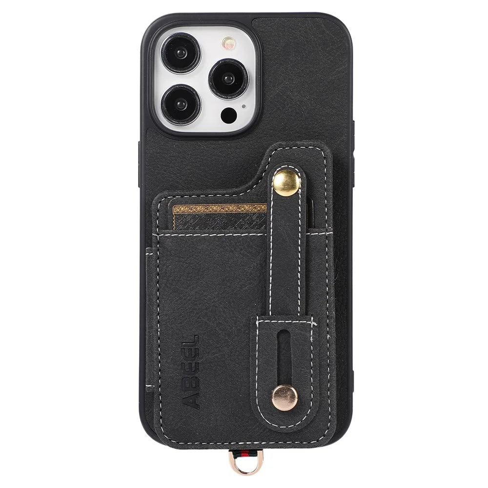 ABEEL Style 01 For iPhone 15 Pro Max PU Leather Coated TPU+PC Cover Kickstand Card Holder Phone Case - Black - 6