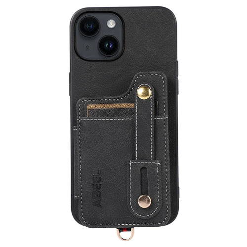 ABEEL Style 01 For iPhone 15 Plus Litchi Texture Kickstand Card Holder Back Case PU Leather+TPU+PC Phone Cover - Black - 1