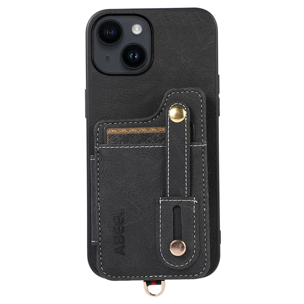 ABEEL Style 01 For iPhone 15 Plus Litchi Texture Kickstand Card Holder Back Case PU Leather+TPU+PC Phone Cover - Black - 1
