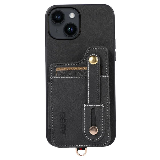 ABEEL Style 01 For iPhone 15 Plus Litchi Texture Kickstand Card Holder Back Case PU Leather+TPU+PC Phone Cover - Black - 1