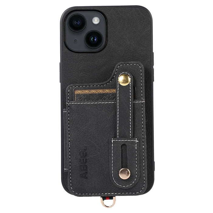 ABEEL Style 01 For iPhone 15 Plus Litchi Texture Kickstand Card Holder Back Case PU Leather+TPU+PC Phone Cover - Black - 1