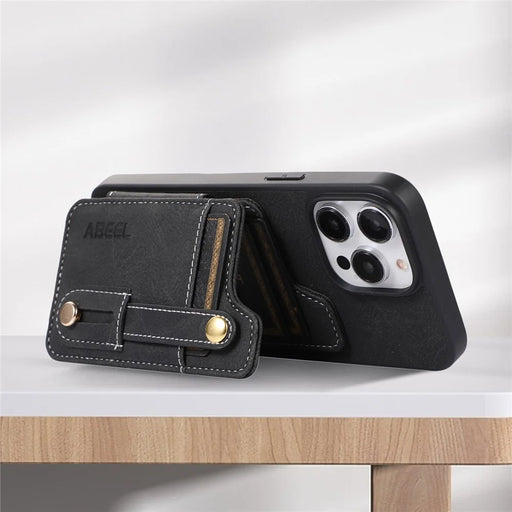 ABEEL Style 01 For iPhone 15 Plus Litchi Texture Kickstand Card Holder Back Case PU Leather+TPU+PC Phone Cover - Black - 2