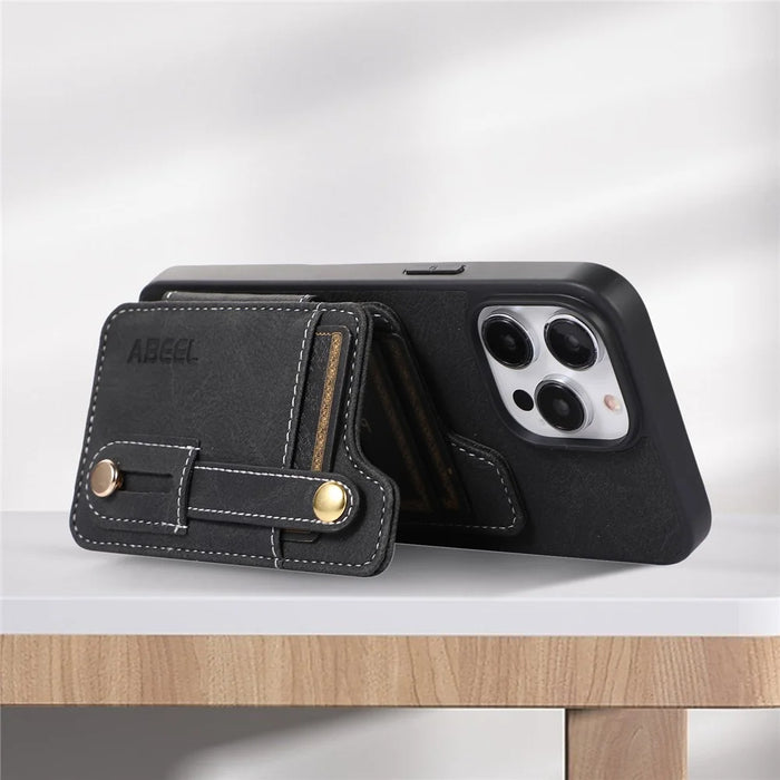 ABEEL Style 01 For iPhone 15 Plus Litchi Texture Kickstand Card Holder Back Case PU Leather+TPU+PC Phone Cover - Black - 2
