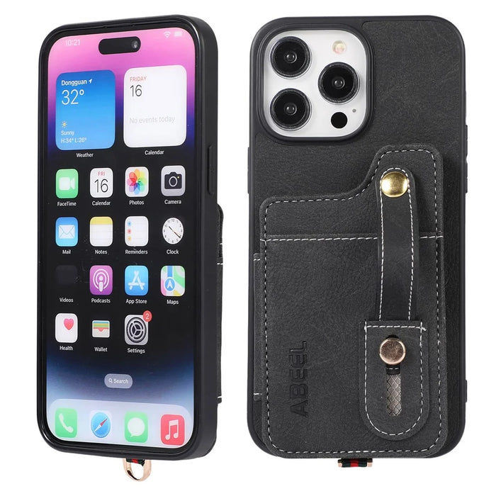 ABEEL Style 01 For iPhone 15 Plus Litchi Texture Kickstand Card Holder Back Case PU Leather+TPU+PC Phone Cover - Black - 4