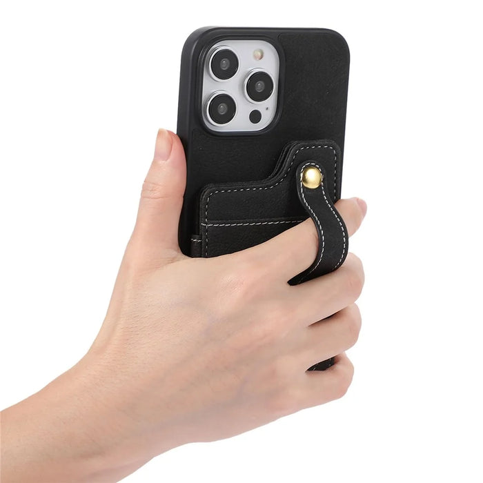 ABEEL Style 01 For iPhone 15 Plus Litchi Texture Kickstand Card Holder Back Case PU Leather+TPU+PC Phone Cover - Black - 5