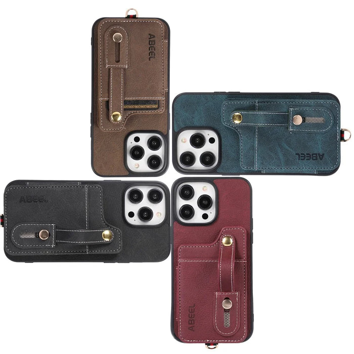 ABEEL Style 01 For iPhone 15 Plus Litchi Texture Kickstand Card Holder Back Case PU Leather+TPU+PC Phone Cover - Black - 6