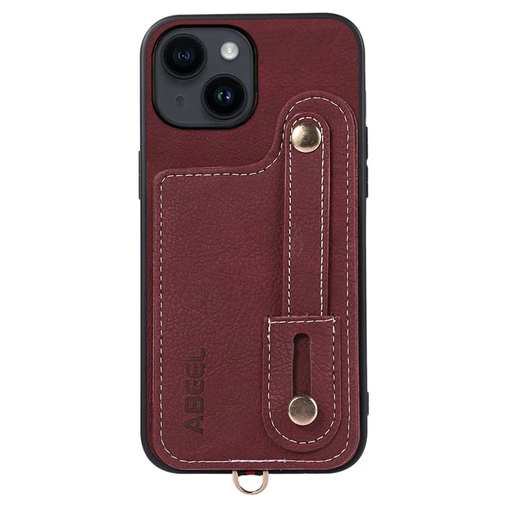 ABEEL Style 03 Leather Coated TPU+PC Shell for iPhone 15 , Kickstand Card Slots Litchi Texture Anti-fall Phone Cover - Purplish Red - 1
