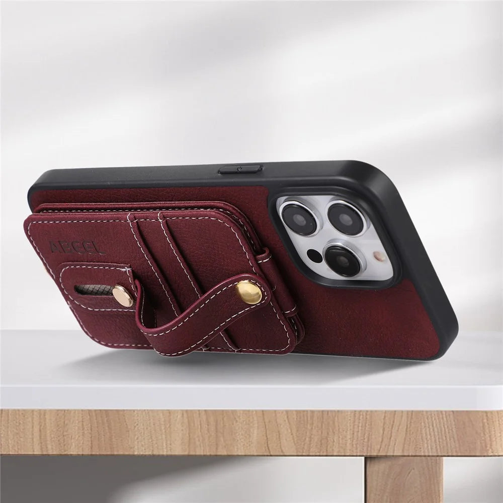 ABEEL Style 03 Leather Coated TPU+PC Shell for iPhone 15 , Kickstand Card Slots Litchi Texture Anti-fall Phone Cover - Purplish Red - 2