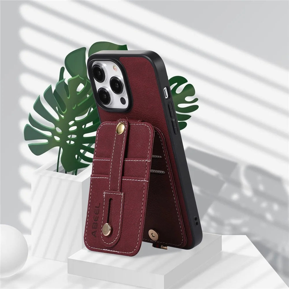 ABEEL Style 03 Leather Coated TPU+PC Shell for iPhone 15 , Kickstand Card Slots Litchi Texture Anti-fall Phone Cover - Purplish Red - 3
