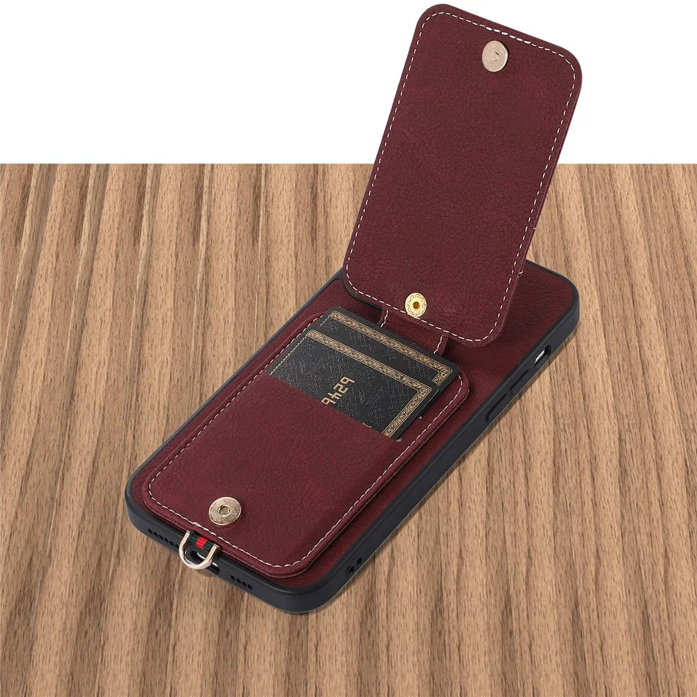 ABEEL Style 03 Leather Coated TPU+PC Shell for iPhone 15 , Kickstand Card Slots Litchi Texture Anti-fall Phone Cover - Purplish Red - 4
