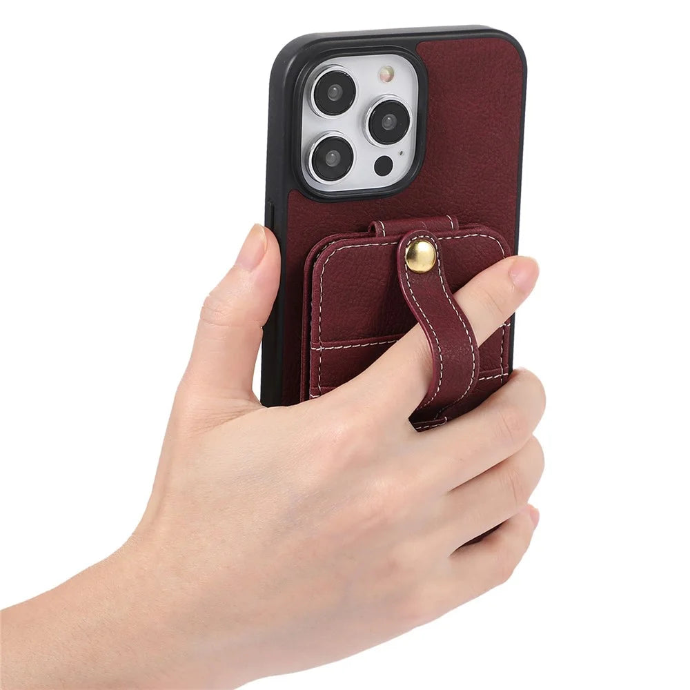 ABEEL Style 03 Leather Coated TPU+PC Shell for iPhone 15 , Kickstand Card Slots Litchi Texture Anti-fall Phone Cover - Purplish Red - 5