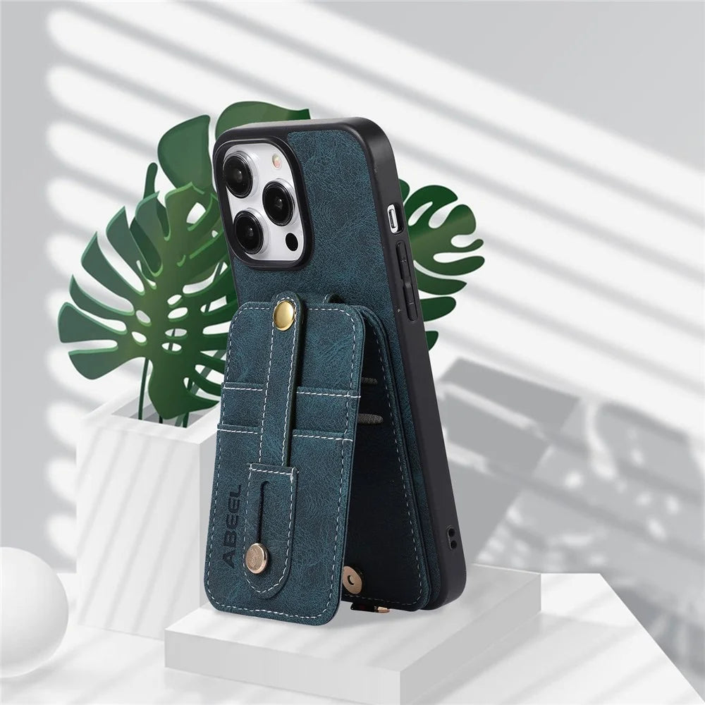ABEEL Style 02 Kickstand Back Case for iPhone 15 Pro Max , Leather Coated TPU+PC Card Slots Litchi Texture Phone Cover - Blue - 3