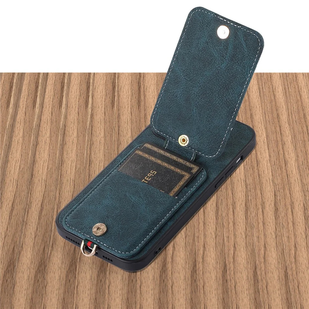 ABEEL Style 02 Kickstand Back Case for iPhone 15 Pro Max , Leather Coated TPU+PC Card Slots Litchi Texture Phone Cover - Blue - 4