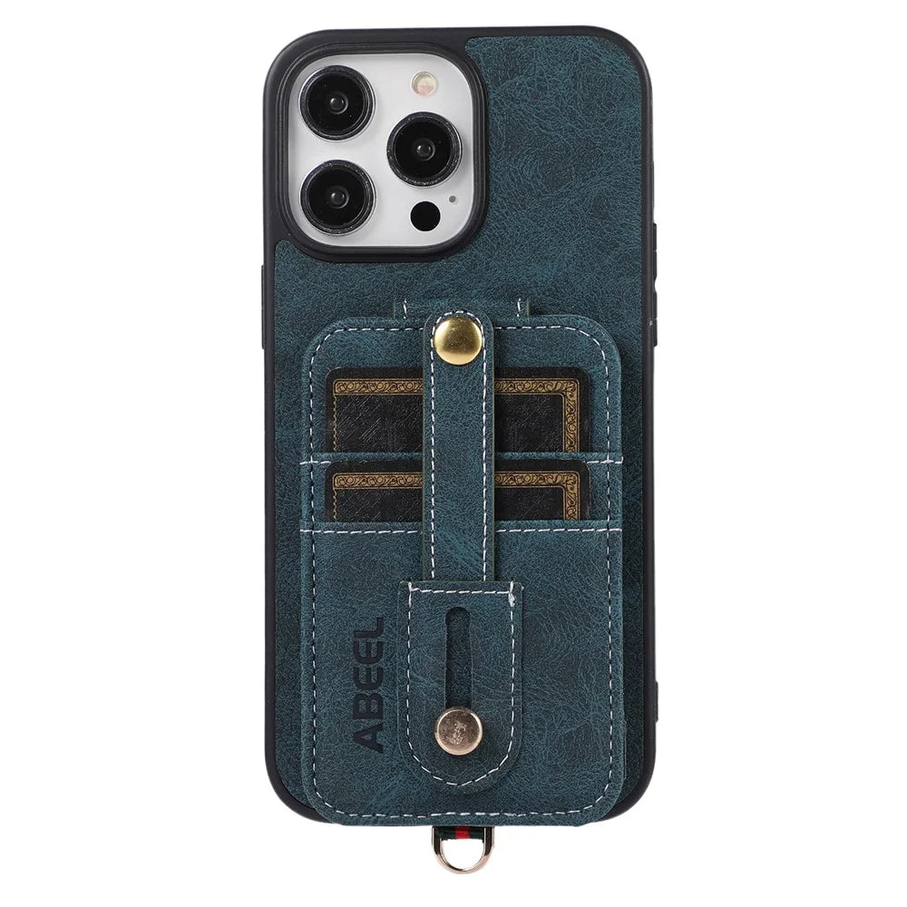 ABEEL Style 02 Kickstand Back Case for iPhone 15 Pro Max , Leather Coated TPU+PC Card Slots Litchi Texture Phone Cover - Blue - 6