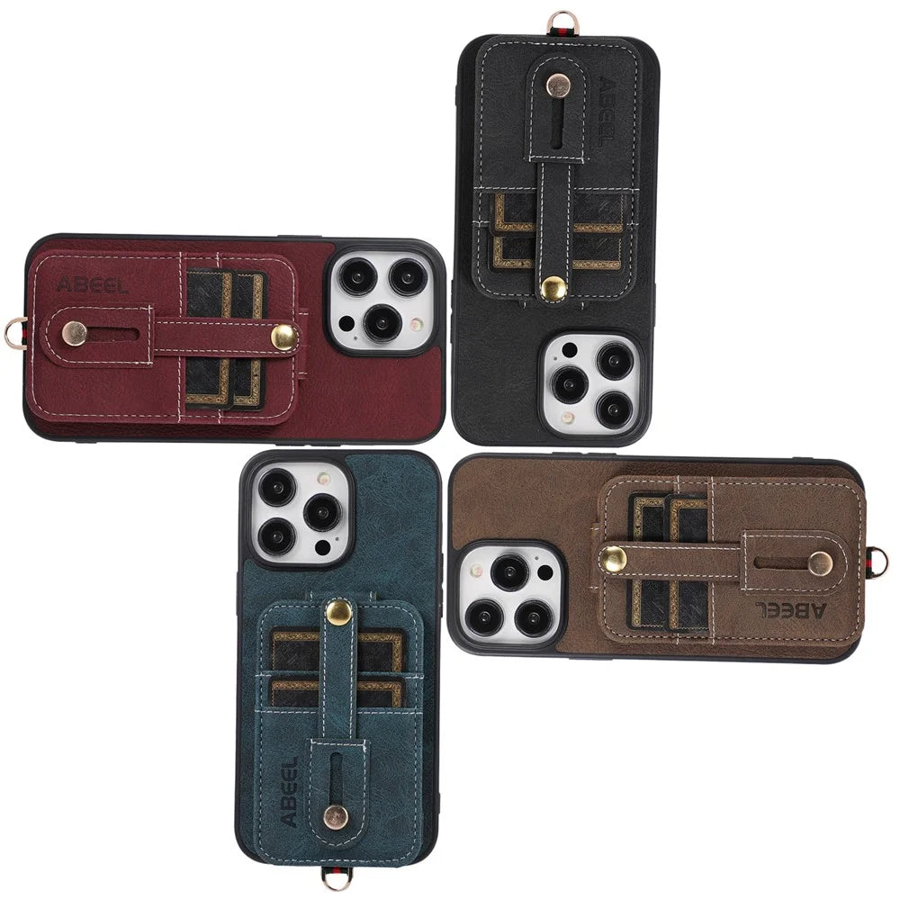 ABEEL Style 02 Kickstand Back Case for iPhone 15 Pro Max , Leather Coated TPU+PC Card Slots Litchi Texture Phone Cover - Blue - 7