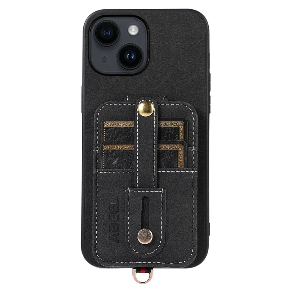 ABEEL Style 02 For iPhone 15 Plus Bump Proof Leather Coated TPU+PC Kickstand Case Card Slots Litchi Texture Phone Cover - Black - 1