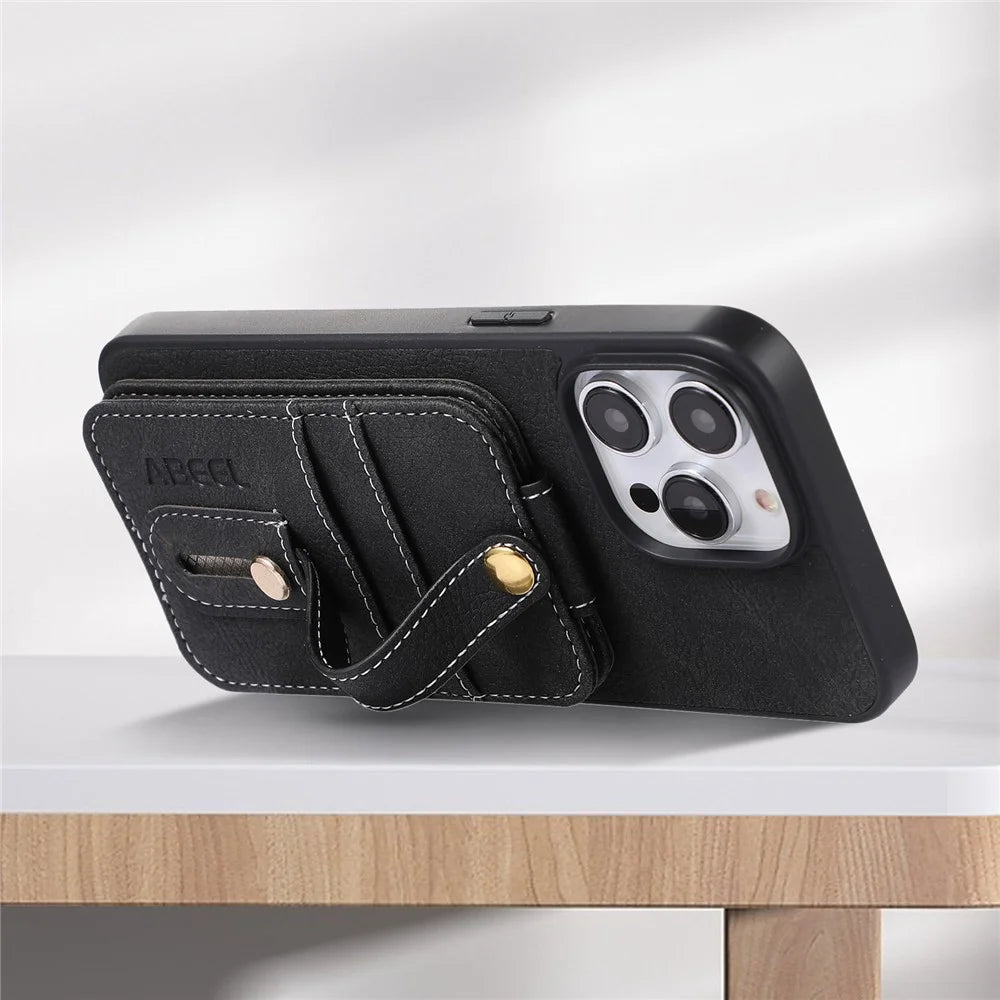 ABEEL Style 02 For iPhone 15 Plus Bump Proof Leather Coated TPU+PC Kickstand Case Card Slots Litchi Texture Phone Cover - Black - 2