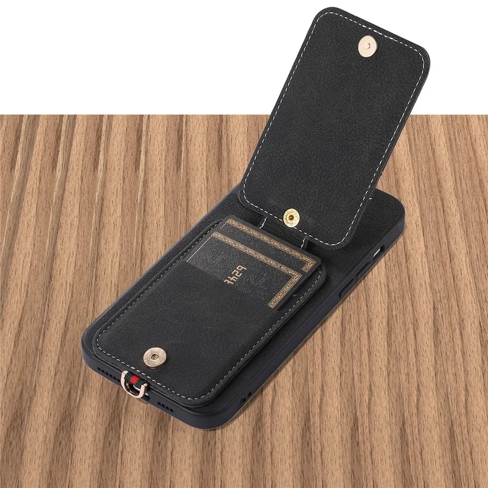 ABEEL Style 02 For iPhone 15 Plus Bump Proof Leather Coated TPU+PC Kickstand Case Card Slots Litchi Texture Phone Cover - Black - 4