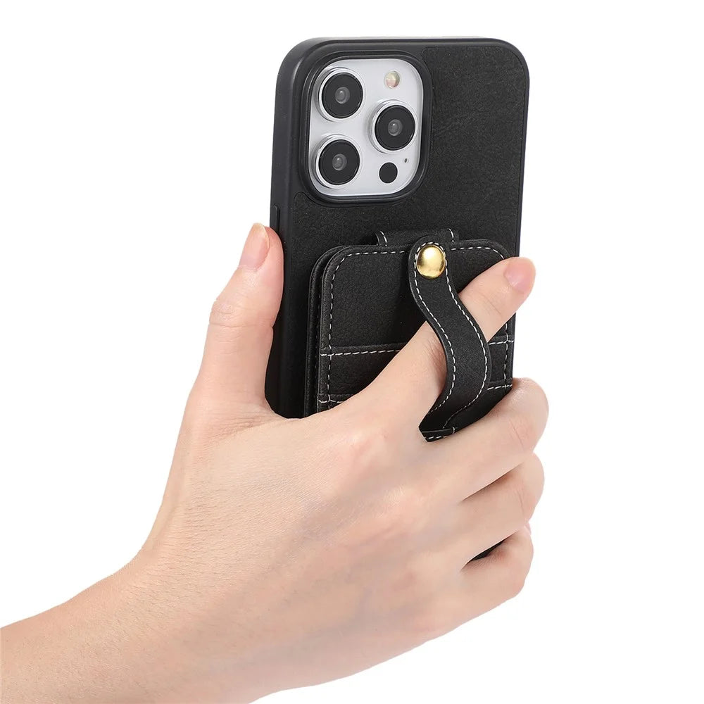 ABEEL Style 02 For iPhone 15 Plus Bump Proof Leather Coated TPU+PC Kickstand Case Card Slots Litchi Texture Phone Cover - Black - 5