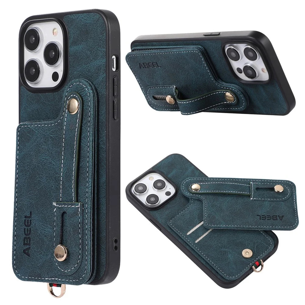 ABEEL Style 03 PU Leather Coated TPU+PC Shell for iPhone 15 Pro Max , Kickstand Card Slots Litchi Texture Phone Cover - Blue - 1