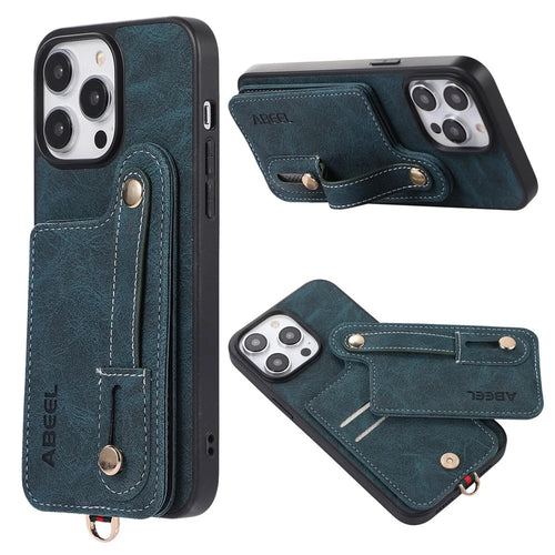ABEEL Style 03 PU Leather Coated TPU+PC Shell for iPhone 15 Pro Max , Kickstand Card Slots Litchi Texture Phone Cover - Blue - 1