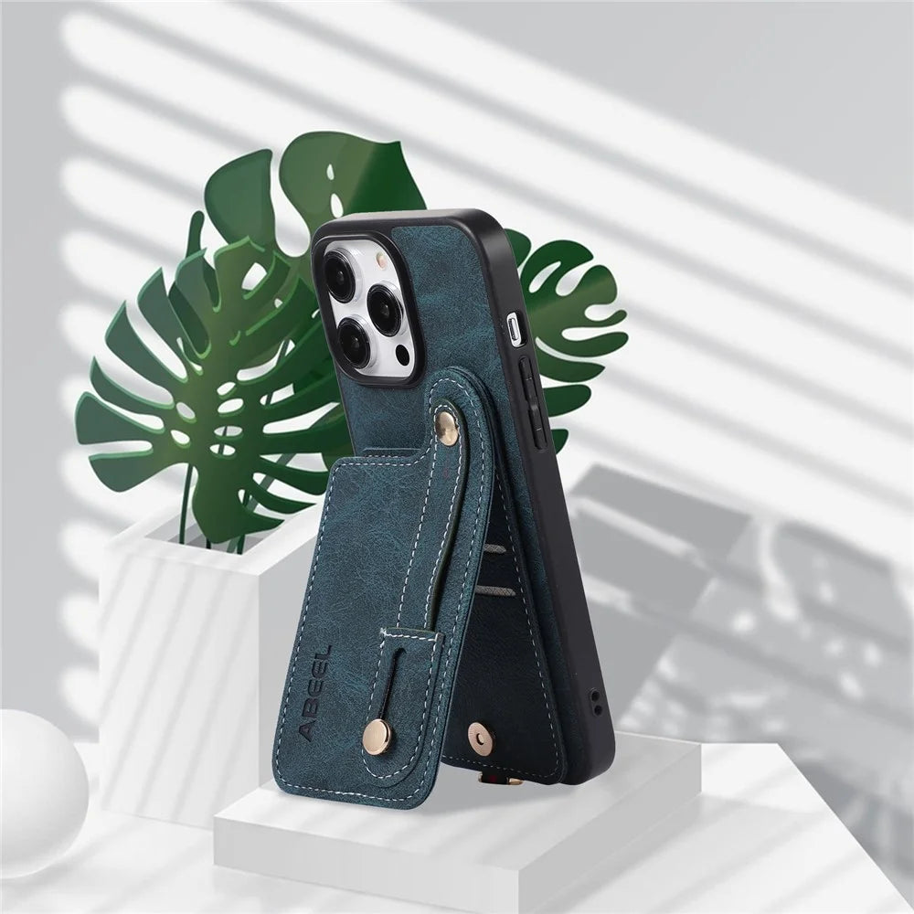 ABEEL Style 03 PU Leather Coated TPU+PC Shell for iPhone 15 Pro Max , Kickstand Card Slots Litchi Texture Phone Cover - Blue - 3