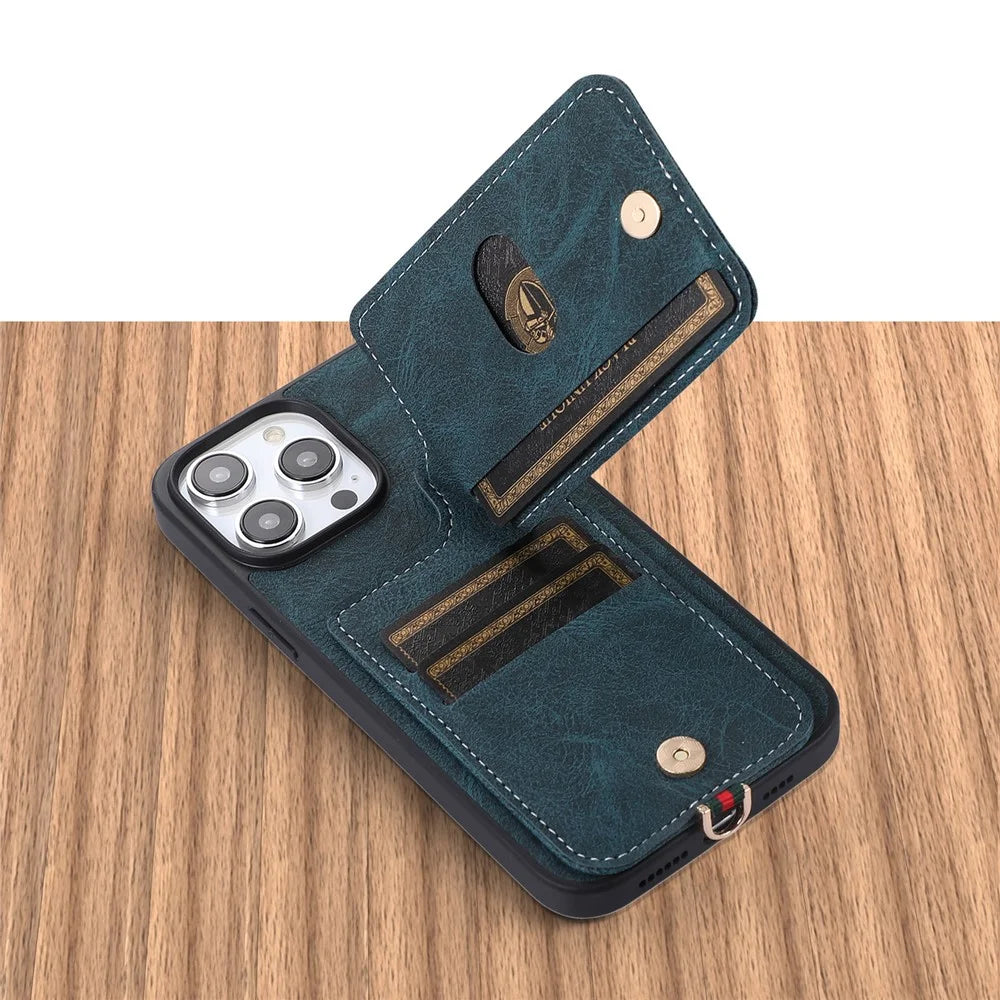 ABEEL Style 03 PU Leather Coated TPU+PC Shell for iPhone 15 Pro Max , Kickstand Card Slots Litchi Texture Phone Cover - Blue - 4