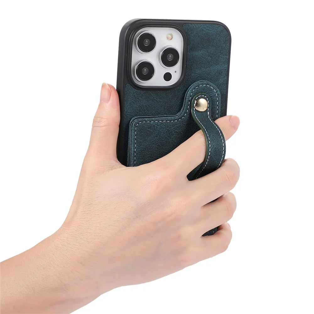 ABEEL Style 03 PU Leather Coated TPU+PC Shell for iPhone 15 Pro Max , Kickstand Card Slots Litchi Texture Phone Cover - Blue - 5