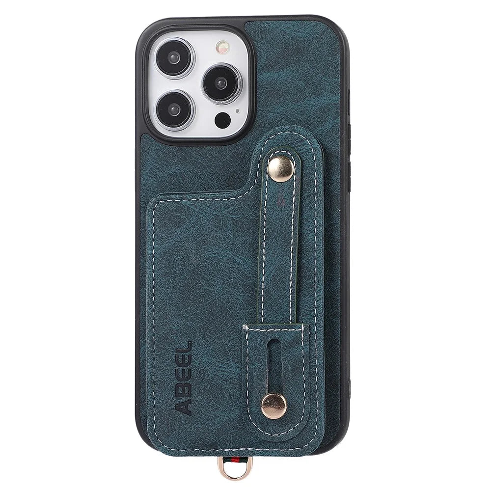 ABEEL Style 03 PU Leather Coated TPU+PC Shell for iPhone 15 Pro Max , Kickstand Card Slots Litchi Texture Phone Cover - Blue - 6