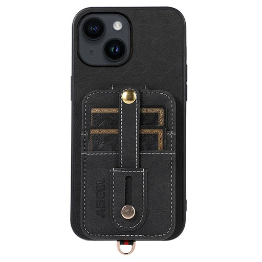 ABEEL Style 02 For iPhone 14 Anti-drop Leather Coated TPU+PC Kickstand Case Card Slots Litchi Texture Phone Cover - Black - 1
