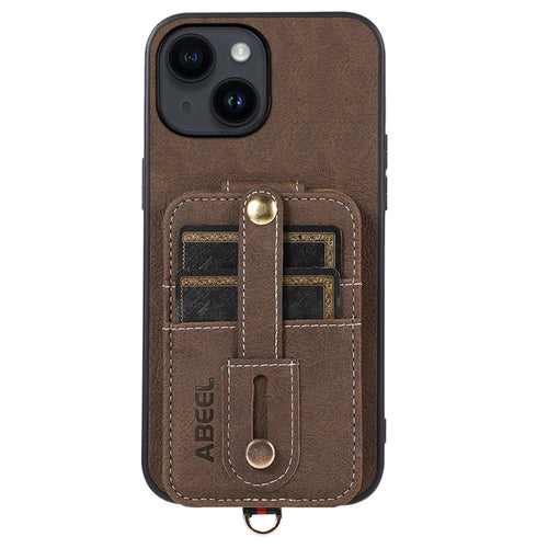 ABEEL Style 02 For iPhone 14 Plus PU Leather Coated TPU+PC Kickstand Case Card Slots Litchi Texture Phone Cover - Khaki - 1