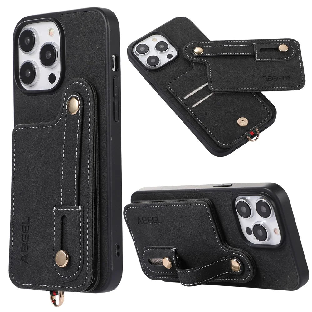 ABEEL Style 03 For iPhone 14 Pro Max PU Leather Coated TPU+PC Shell Card Slots Litchi Texture Phone Kickstand Cover - Black - 1